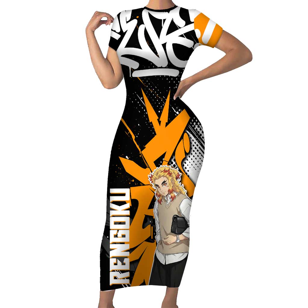 Kyojuro Rengoku Demon Slayer Short Sleeve Bodycon Dress Orange & Black Graffiti Anime