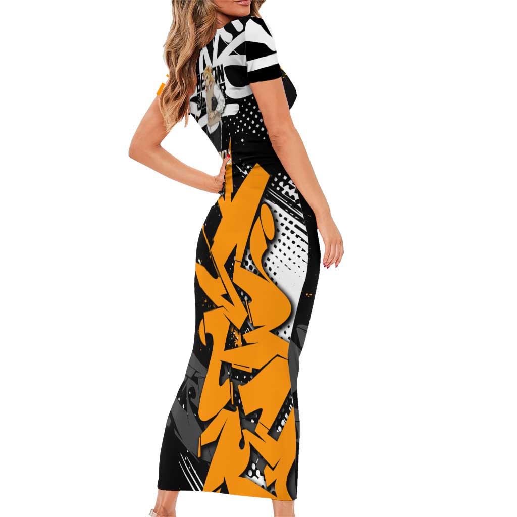 Kyojuro Rengoku Demon Slayer Short Sleeve Bodycon Dress Orange & Black Graffiti Anime
