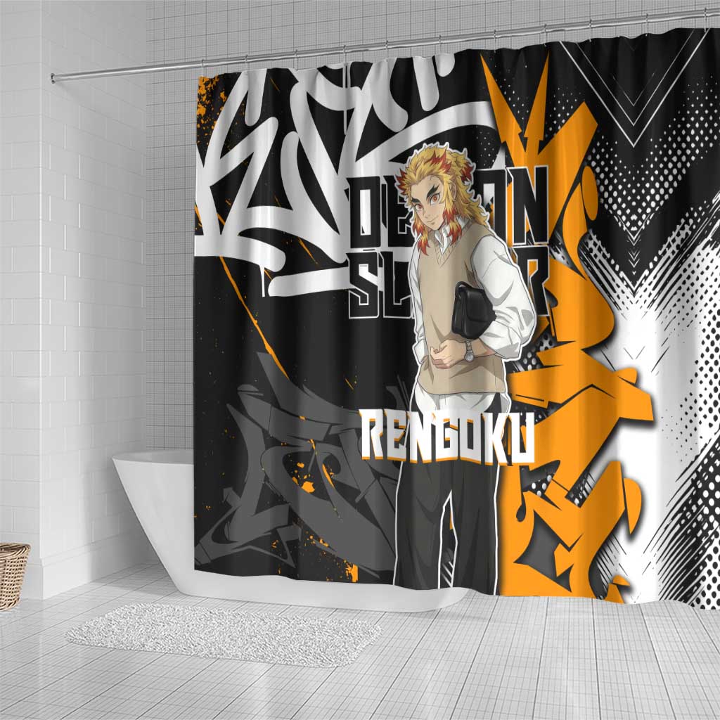 Kyojuro Rengoku Demon Slayer Shower Curtain Orange & Black Graffiti Anime