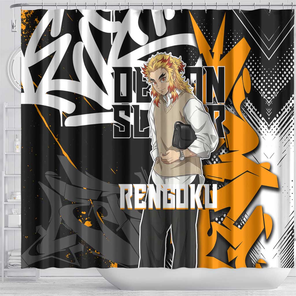 Kyojuro Rengoku Demon Slayer Shower Curtain Orange & Black Graffiti Anime