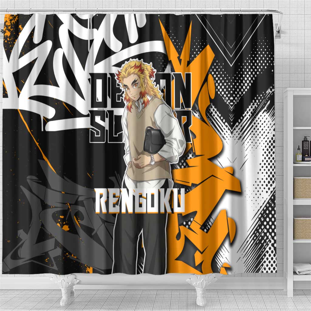 Kyojuro Rengoku Demon Slayer Shower Curtain Orange & Black Graffiti Anime