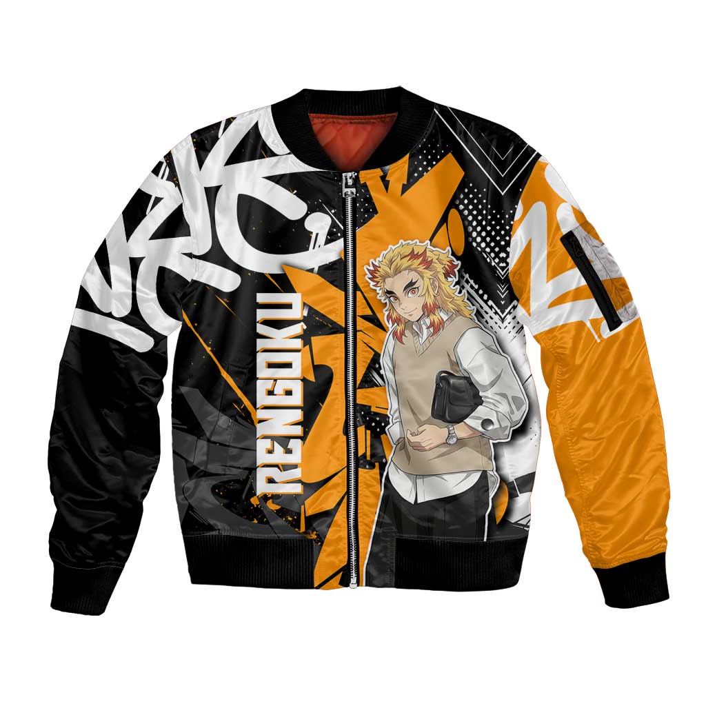 Kyojuro Rengoku Demon Slayer Sleeve Zip Bomber Jacket Orange & Black Graffiti Anime