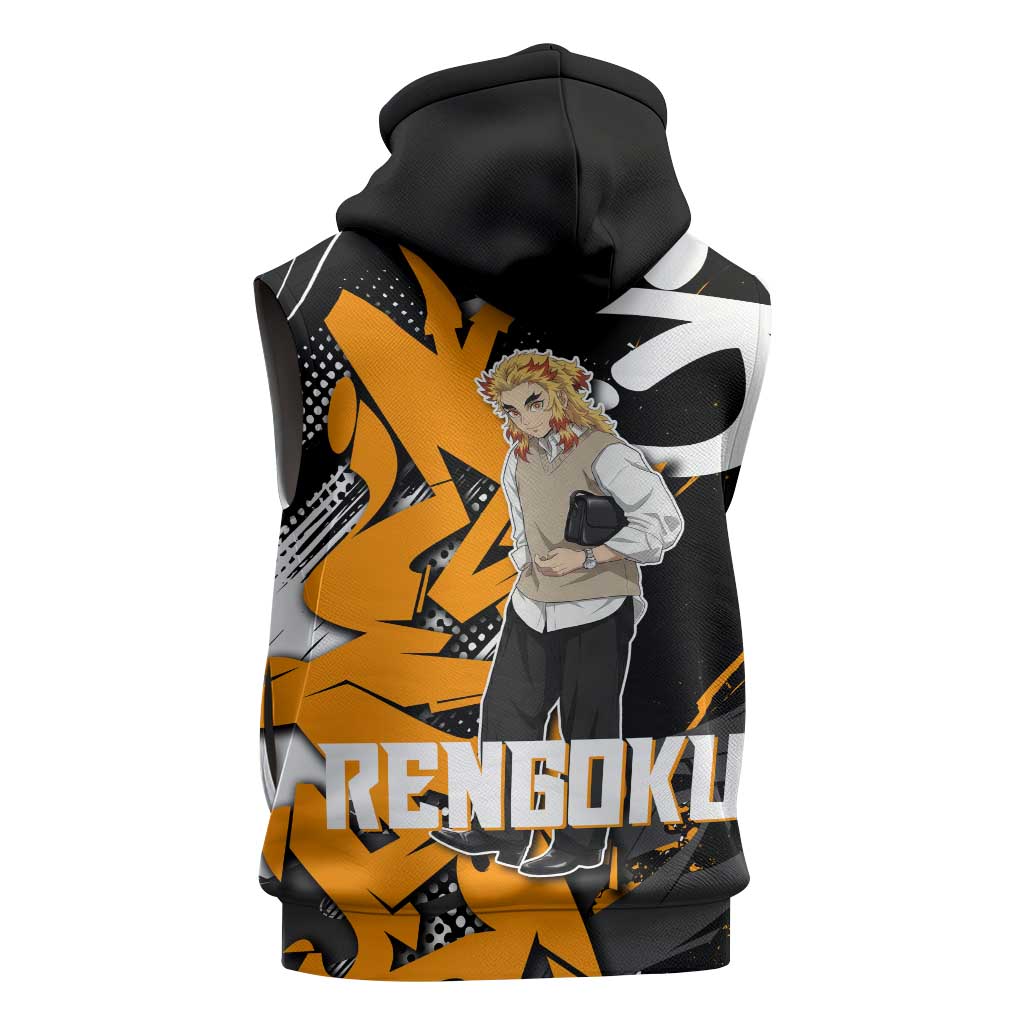 Kyojuro Rengoku Demon Slayer Sleeveless Hoodie Orange & Black Graffiti Anime