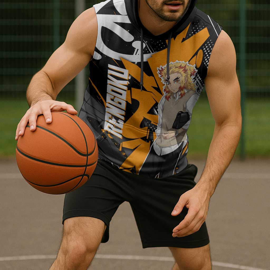 Kyojuro Rengoku Demon Slayer Sleeveless Hoodie Orange & Black Graffiti Anime