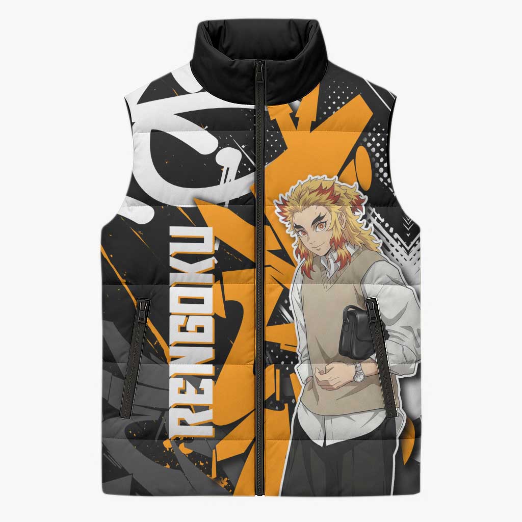Kyojuro Rengoku Demon Slayer Sleeveless Puffer Jacket Orange & Black Graffiti Anime