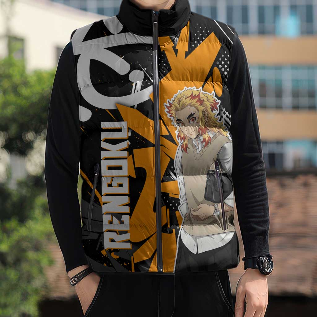 Kyojuro Rengoku Demon Slayer Sleeveless Puffer Jacket Orange & Black Graffiti Anime