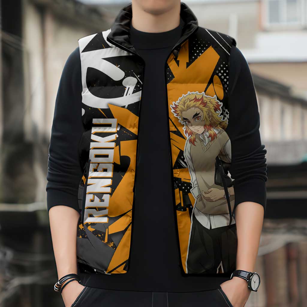 Kyojuro Rengoku Demon Slayer Sleeveless Puffer Jacket Orange & Black Graffiti Anime