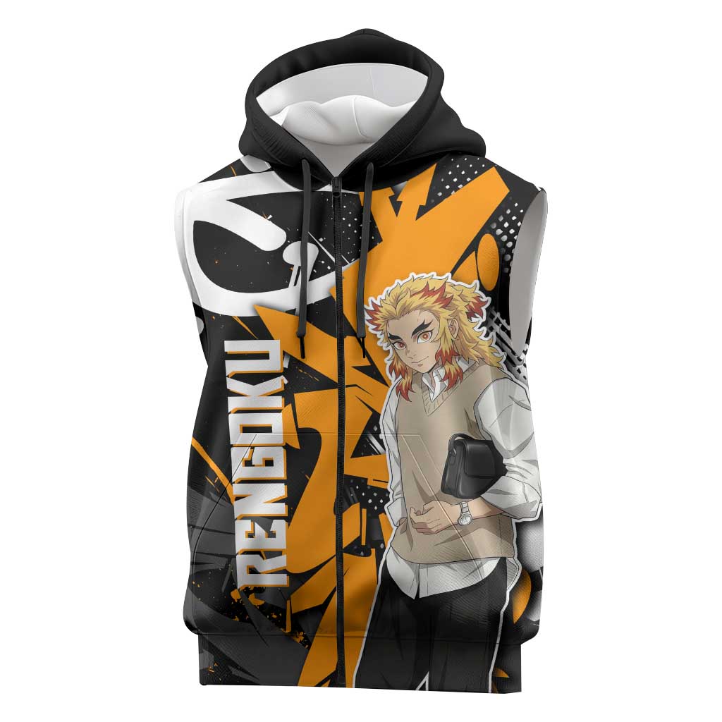 Kyojuro Rengoku Demon Slayer Sleeveless Zip Hoodie Orange & Black Graffiti Anime