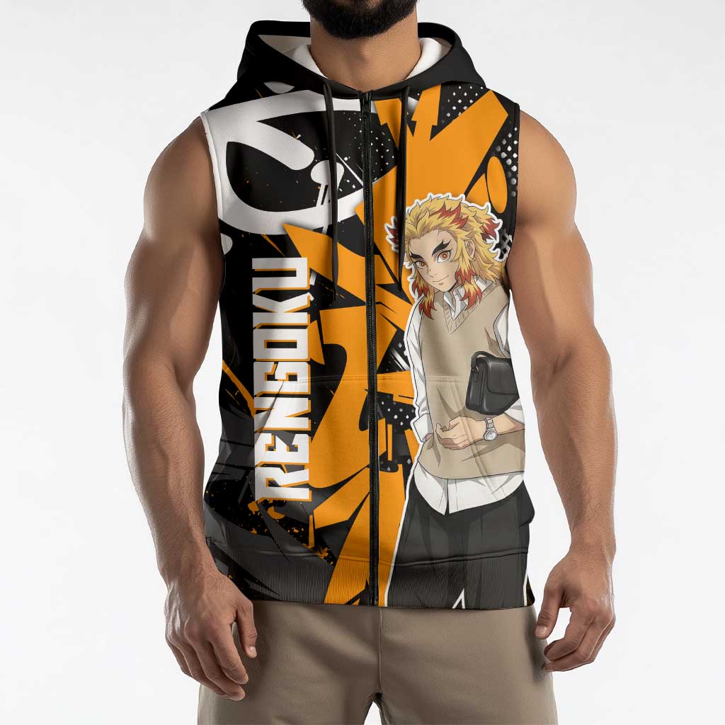 Kyojuro Rengoku Demon Slayer Sleeveless Zip Hoodie Orange & Black Graffiti Anime