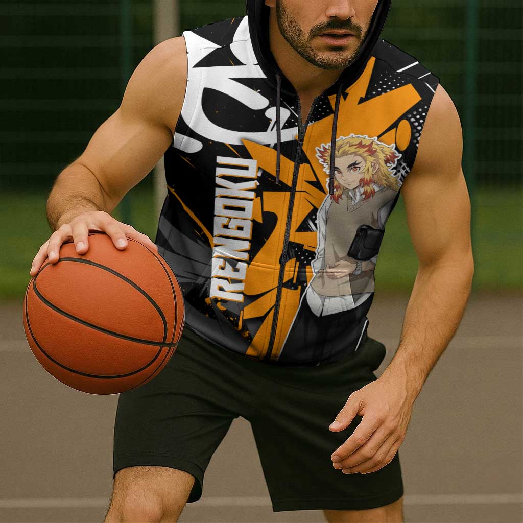 Kyojuro Rengoku Demon Slayer Sleeveless Zip Hoodie Orange & Black Graffiti Anime
