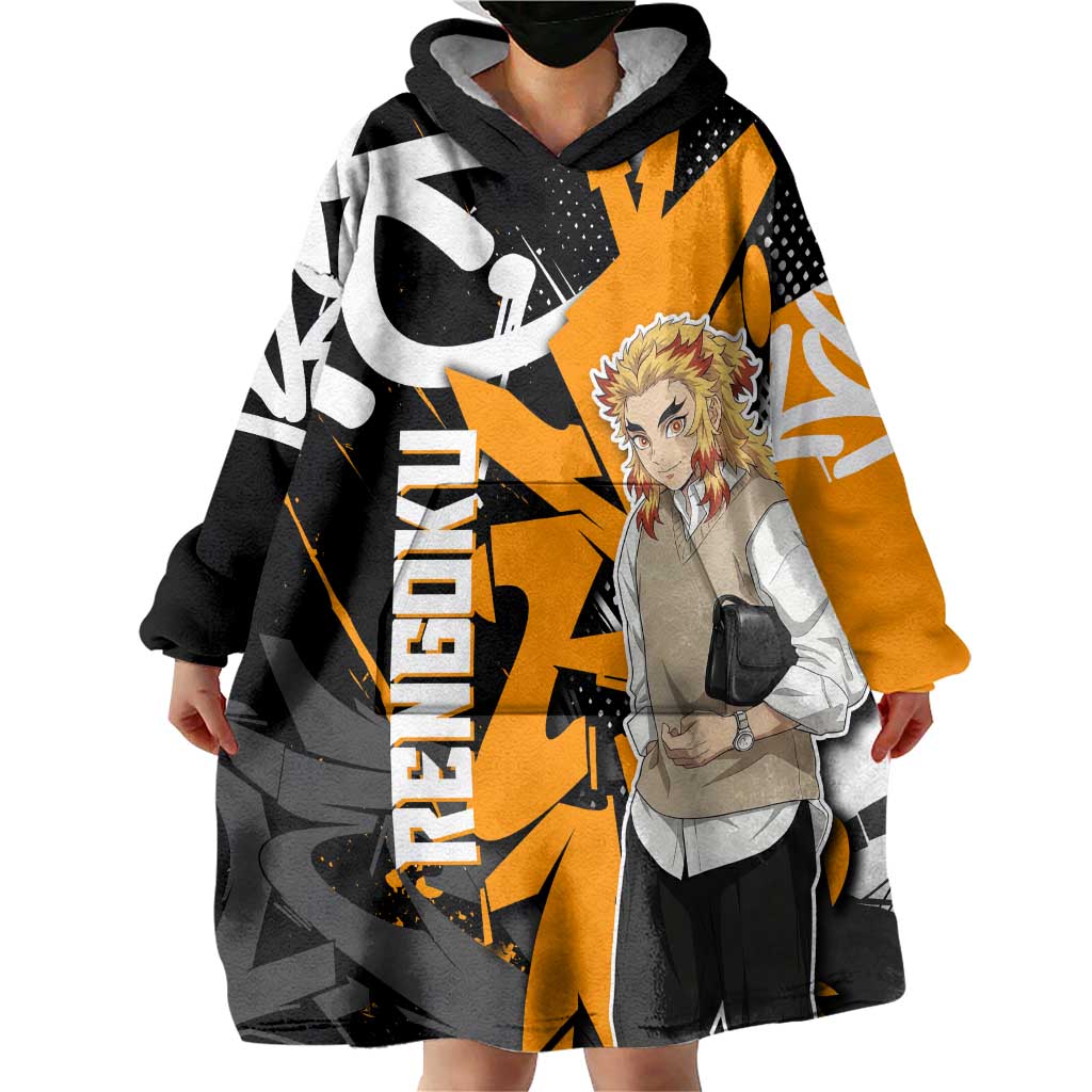 Kyojuro Rengoku Demon Slayer Wearable Blanket Hoodie Orange & Black Graffiti Anime