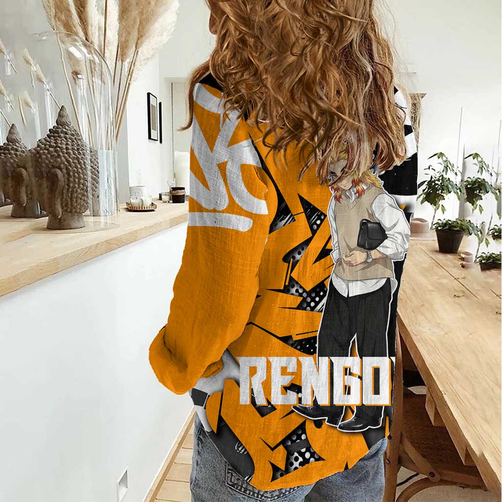 Kyojuro Rengoku Demon Slayer Women Casual Shirt Orange & Black Graffiti Anime