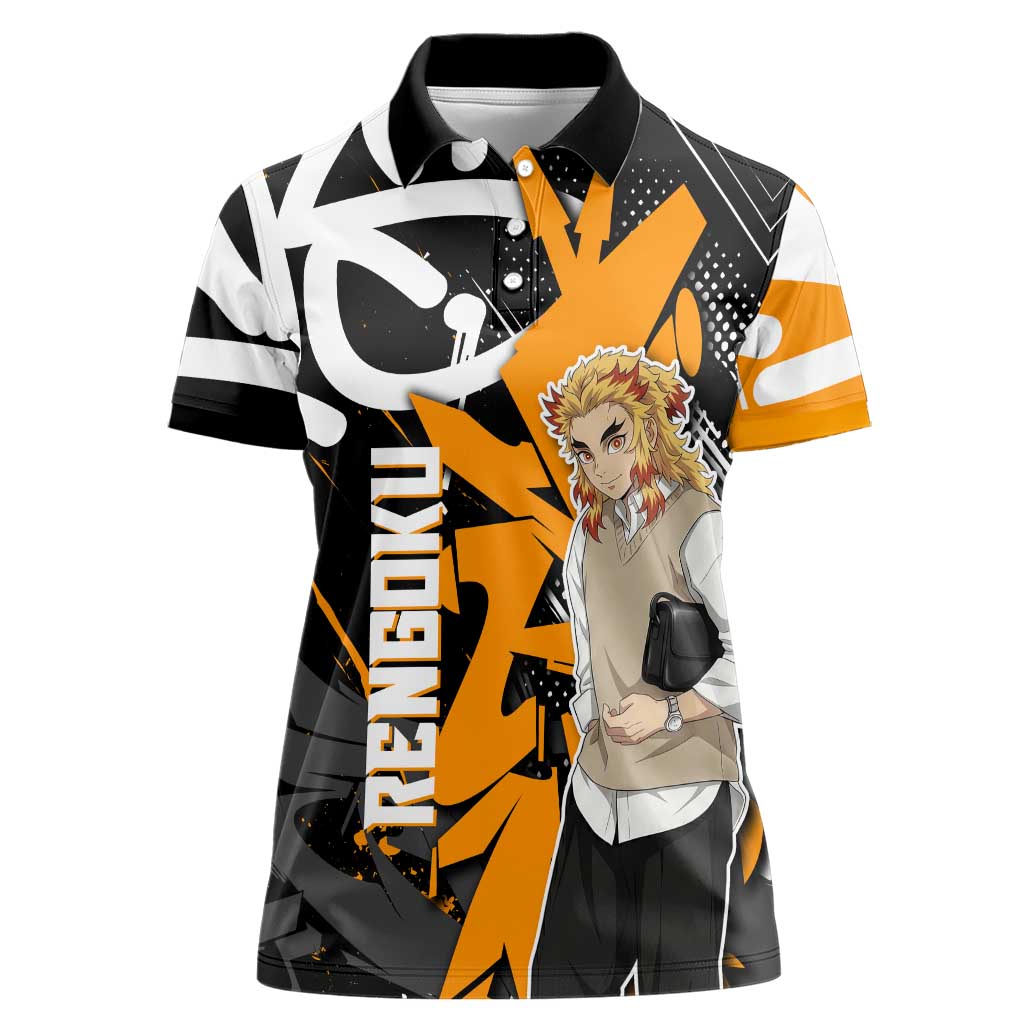 Kyojuro Rengoku Demon Slayer Women Polo Shirt Orange & Black Graffiti Anime