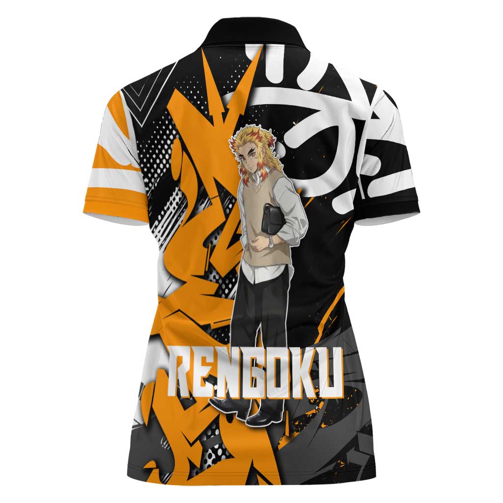 Kyojuro Rengoku Demon Slayer Women Polo Shirt Orange & Black Graffiti Anime