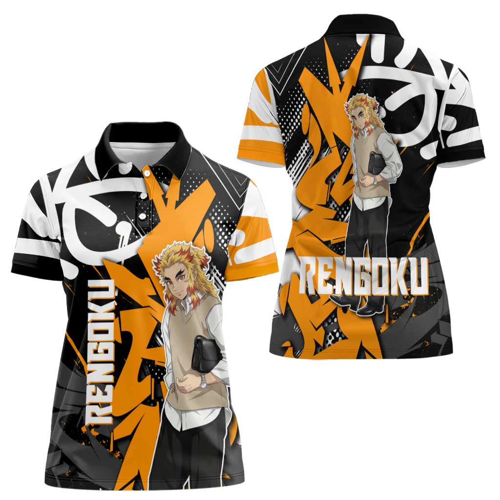 Kyojuro Rengoku Demon Slayer Women Polo Shirt Orange & Black Graffiti Anime