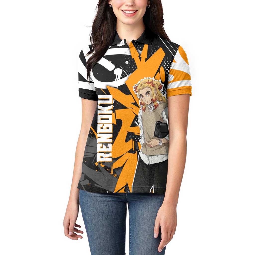 Kyojuro Rengoku Demon Slayer Women Polo Shirt Orange & Black Graffiti Anime