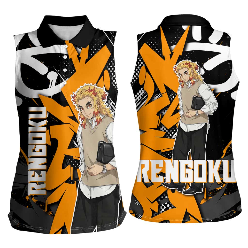 Kyojuro Rengoku Demon Slayer Women Sleeveless Polo Shirt Orange & Black Graffiti Anime
