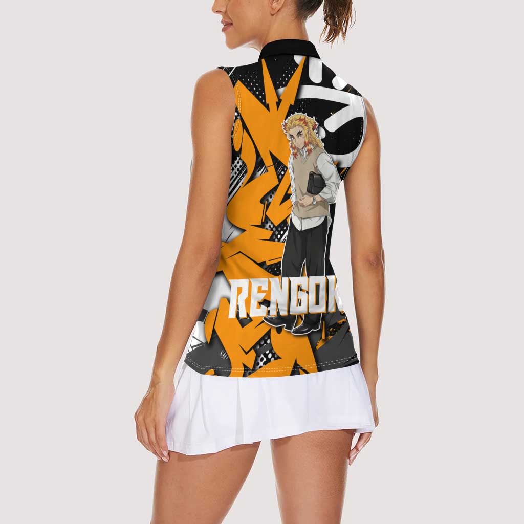 Kyojuro Rengoku Demon Slayer Women Sleeveless Polo Shirt Orange & Black Graffiti Anime