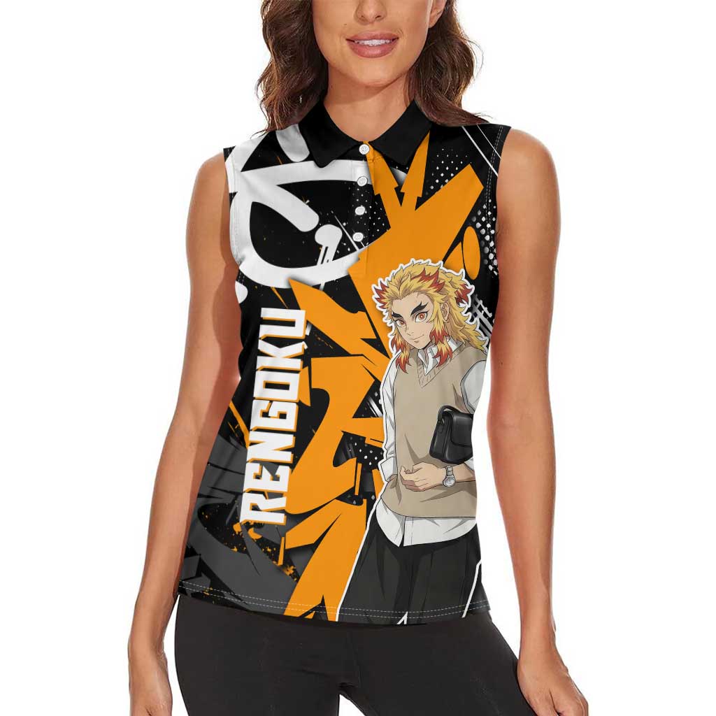 Kyojuro Rengoku Demon Slayer Women Sleeveless Polo Shirt Orange & Black Graffiti Anime