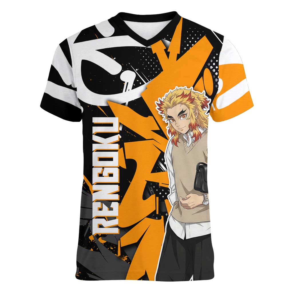 Kyojuro Rengoku Demon Slayer Women V-Neck T-Shirt Orange & Black Graffiti Anime