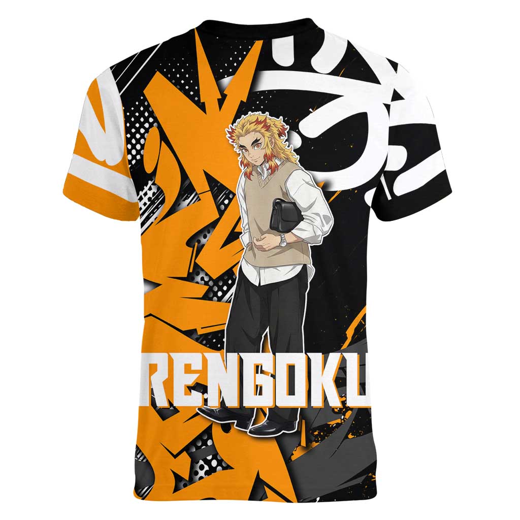 Kyojuro Rengoku Demon Slayer Women V-Neck T-Shirt Orange & Black Graffiti Anime