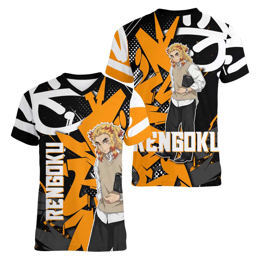 Kyojuro Rengoku Demon Slayer Women V-Neck T-Shirt Orange & Black Graffiti Anime