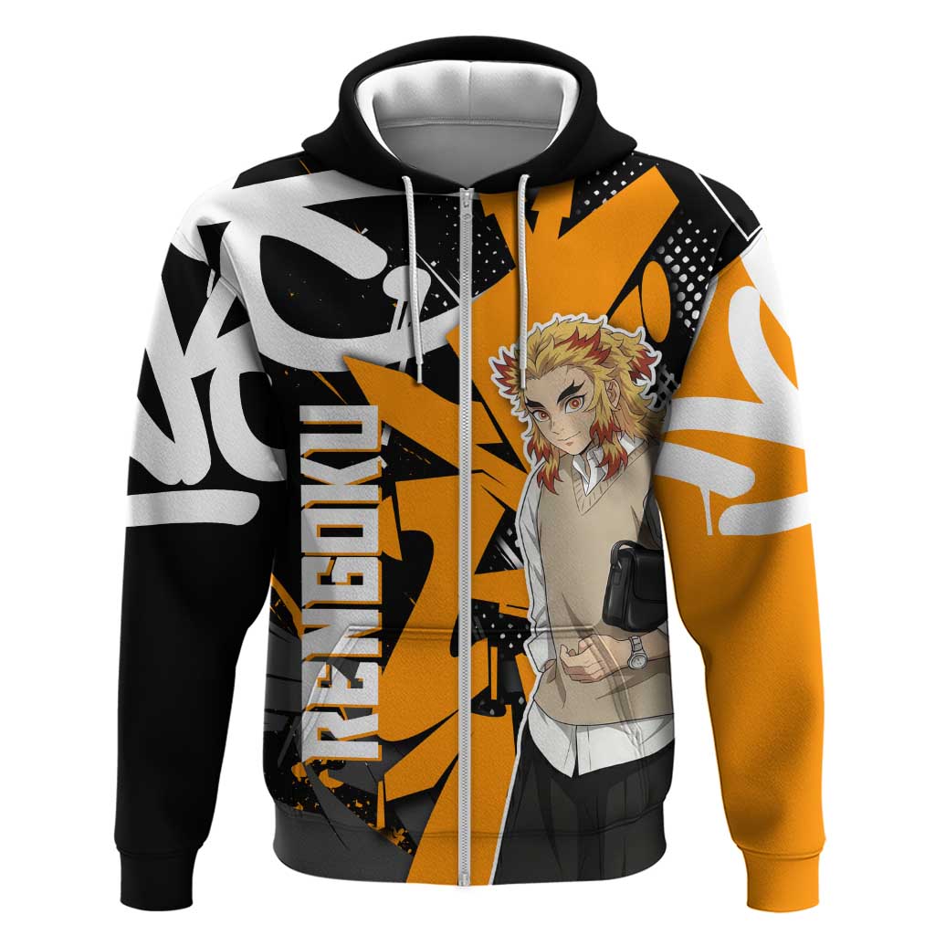 Kyojuro Rengoku Demon Slayer Zip Hoodie Orange & Black Graffiti Anime
