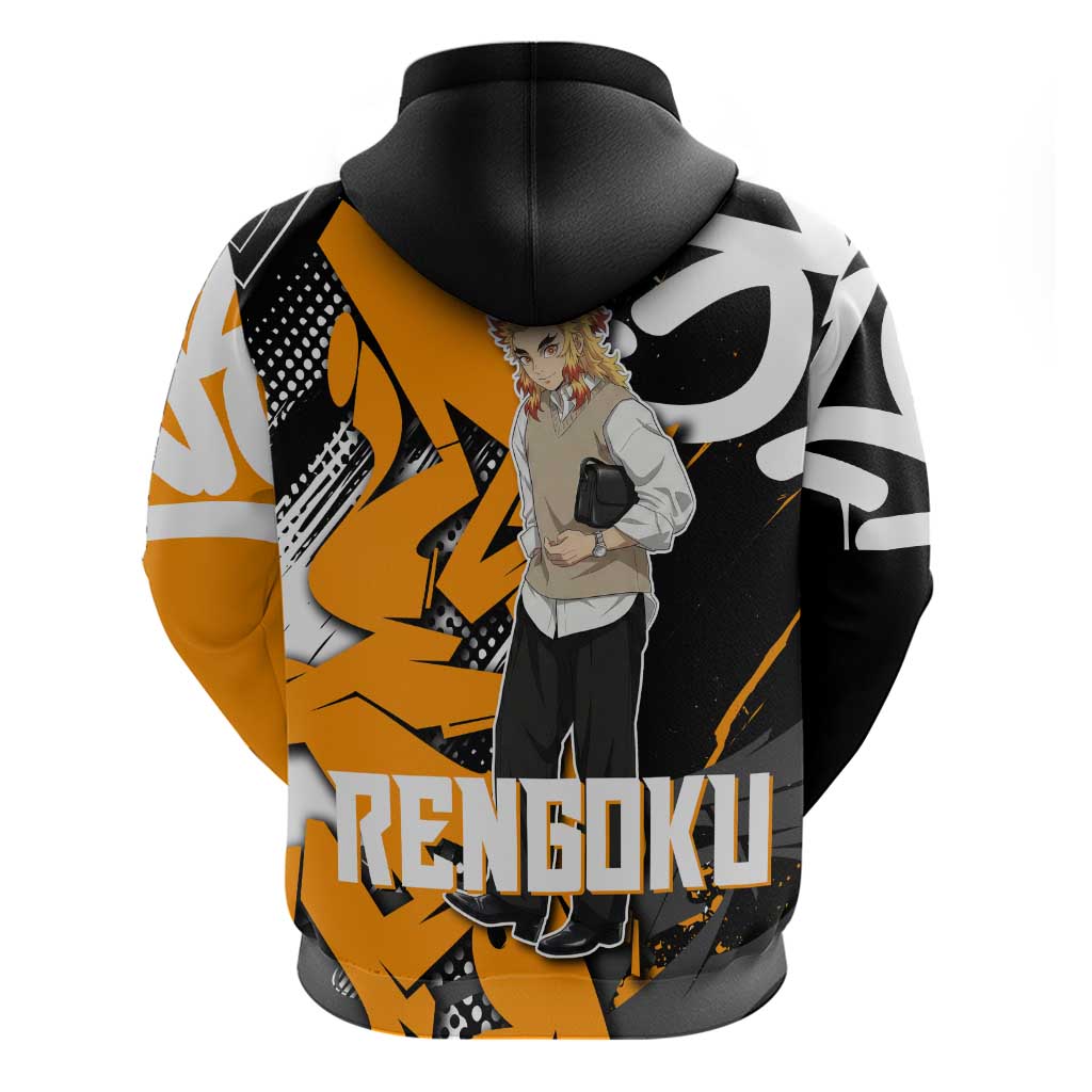 Kyojuro Rengoku Demon Slayer Zip Hoodie Orange & Black Graffiti Anime