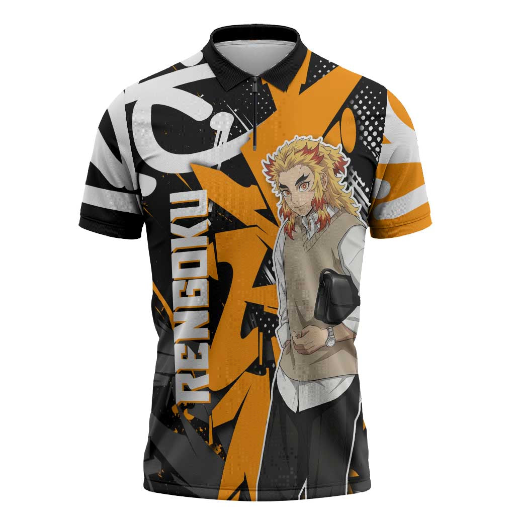 Kyojuro Rengoku Demon Slayer Zipper Polo Shirt Orange & Black Graffiti Anime