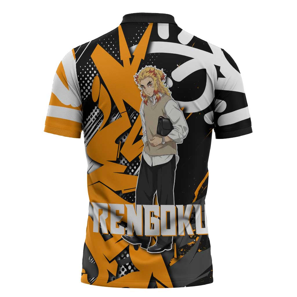 Kyojuro Rengoku Demon Slayer Zipper Polo Shirt Orange & Black Graffiti Anime