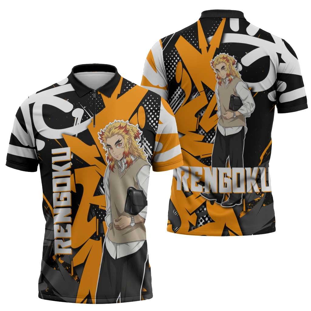 Kyojuro Rengoku Demon Slayer Zipper Polo Shirt Orange & Black Graffiti Anime