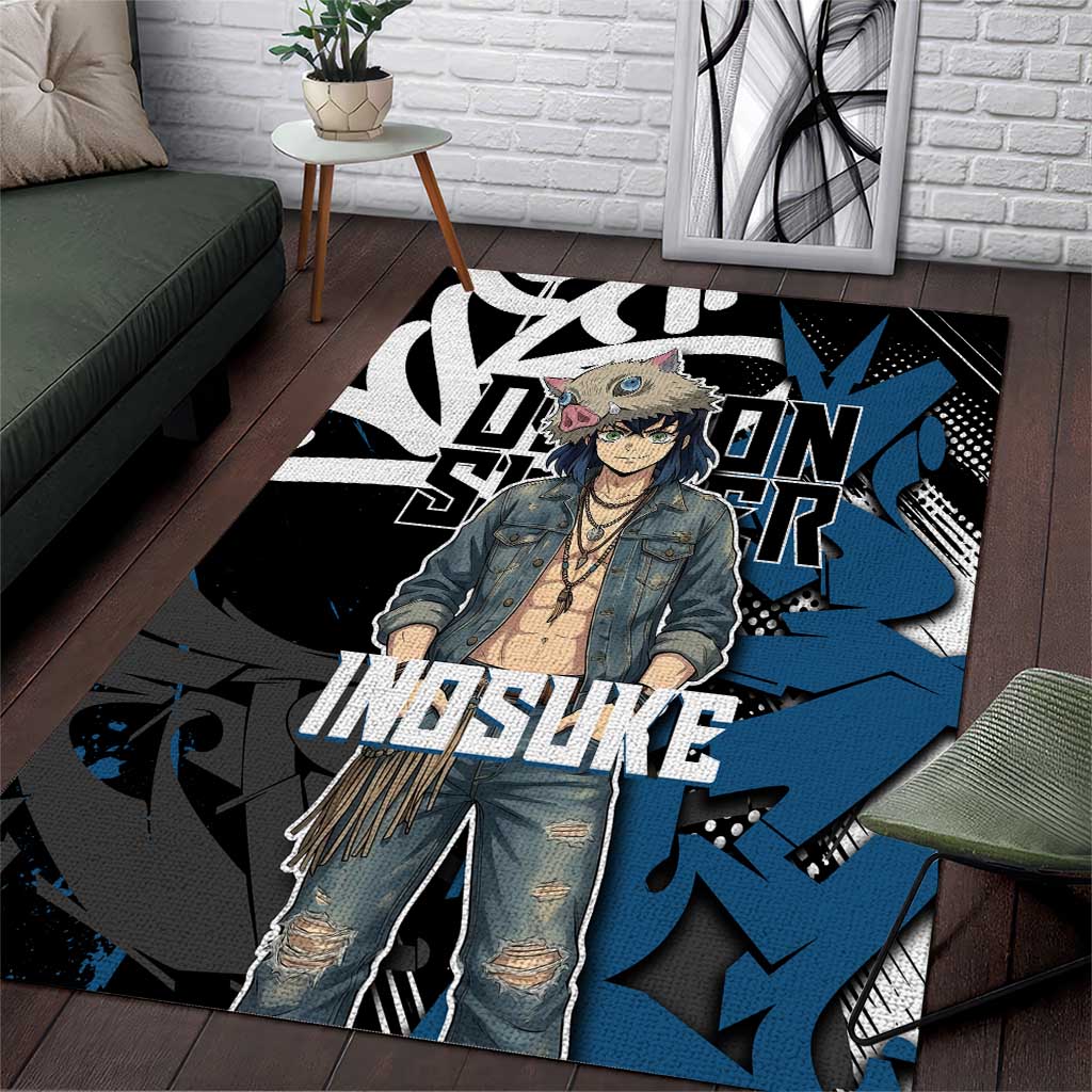 Hashibira Inosuke Demon Slayer Area Rug Blue & Black Graffiti Anime