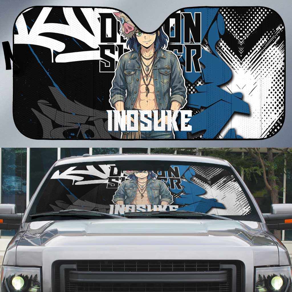 Hashibira Inosuke Demon Slayer Auto Sun Shade Blue & Black Graffiti Anime