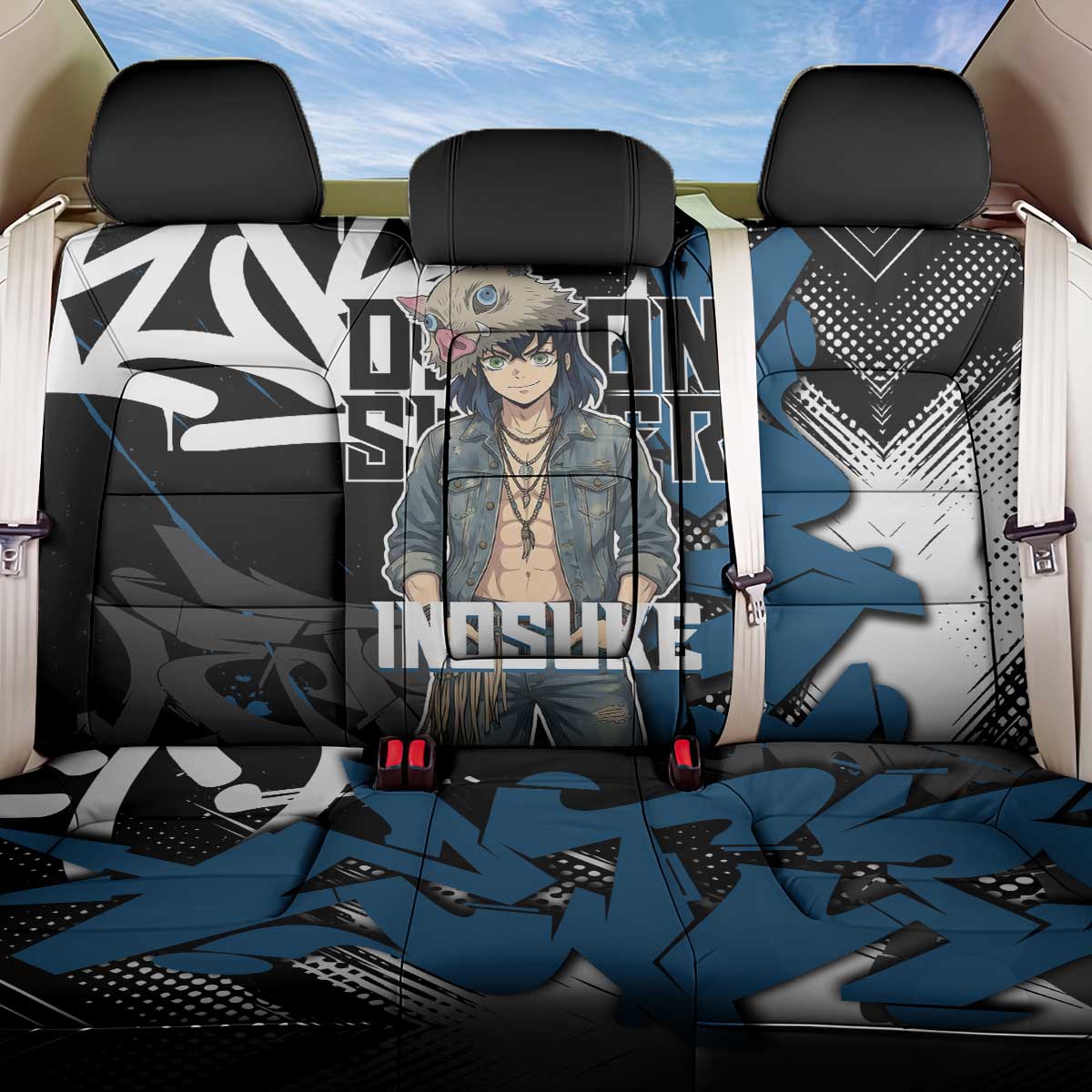 Hashibira Inosuke Demon Slayer Back Car Seat Cover Blue & Black Graffiti Anime