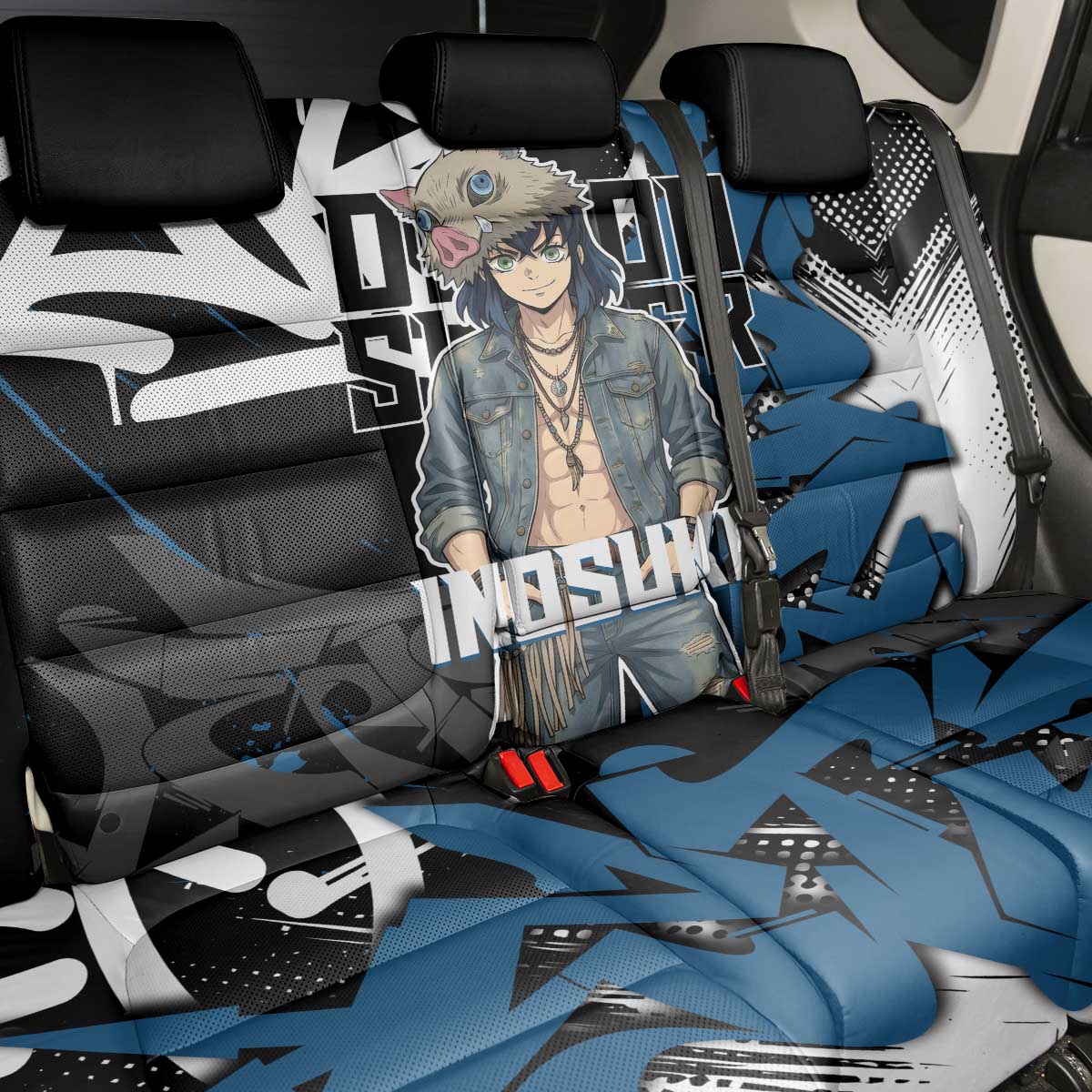 Hashibira Inosuke Demon Slayer Back Car Seat Cover Blue & Black Graffiti Anime