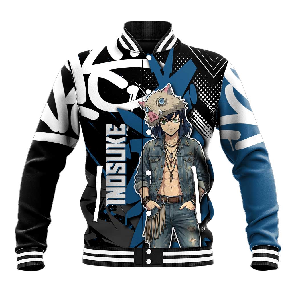 Hashibira Inosuke Demon Slayer Baseball Jacket Blue & Black Graffiti Anime