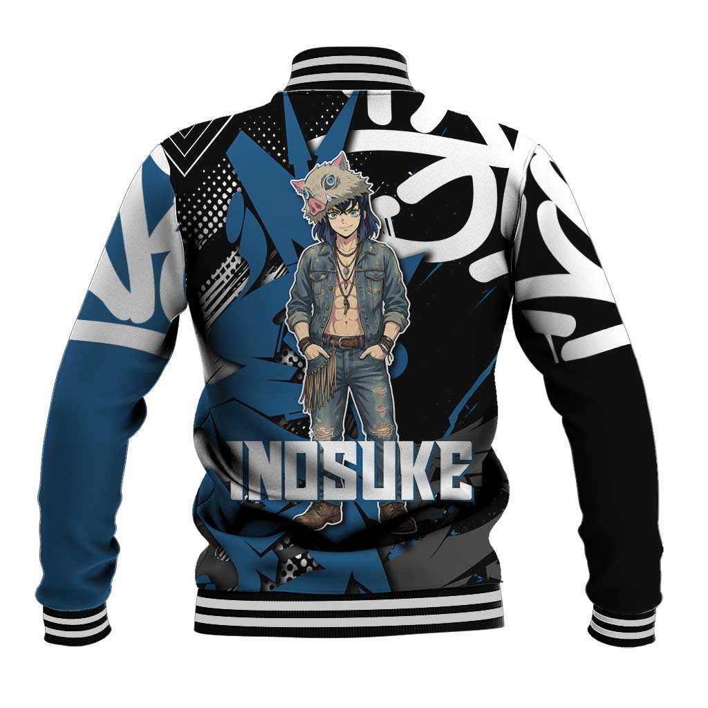 Hashibira Inosuke Demon Slayer Baseball Jacket Blue & Black Graffiti Anime