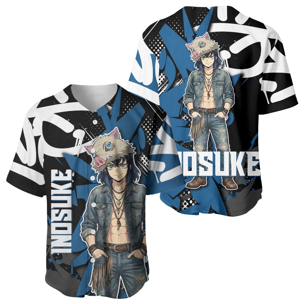 Hashibira Inosuke Demon Slayer Baseball Jersey Blue & Black Graffiti Anime