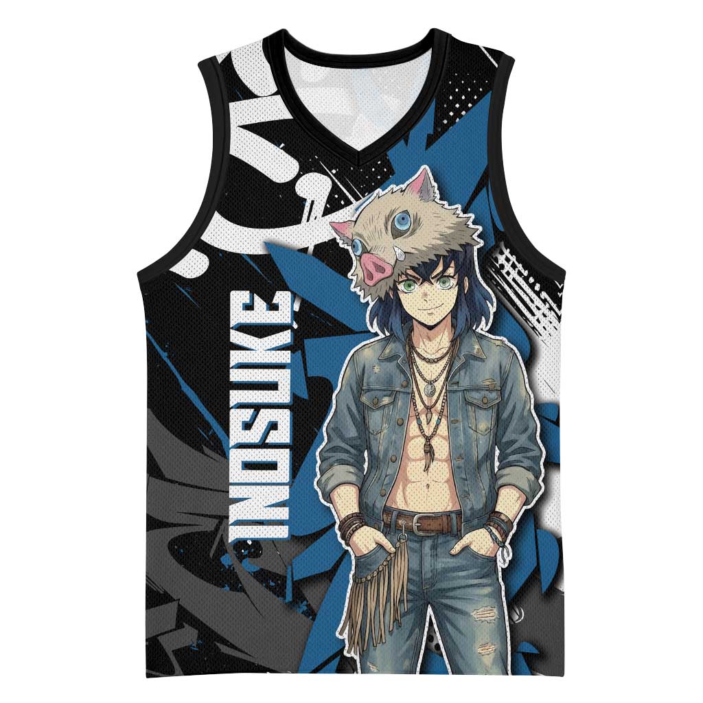 Hashibira Inosuke Demon Slayer Basketball Jersey Blue & Black Graffiti Anime