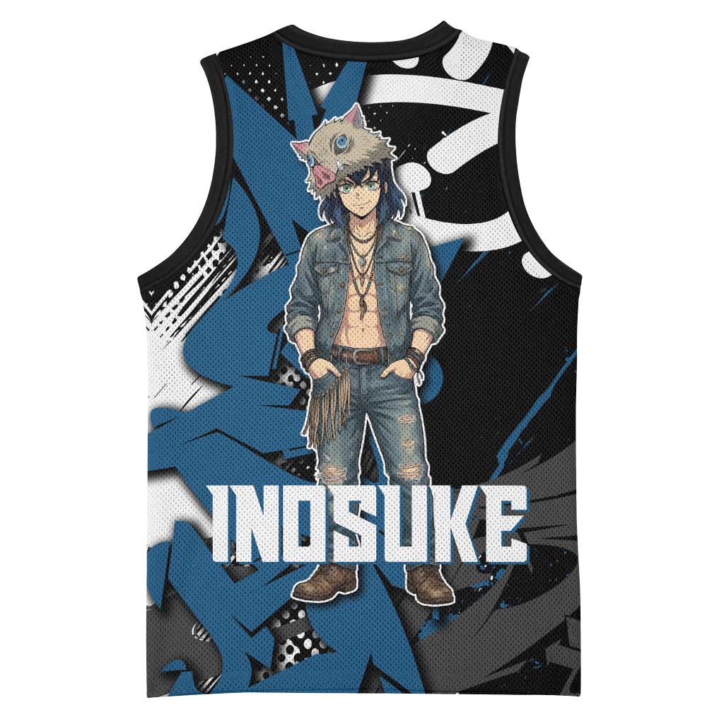 Hashibira Inosuke Demon Slayer Basketball Jersey Blue & Black Graffiti Anime