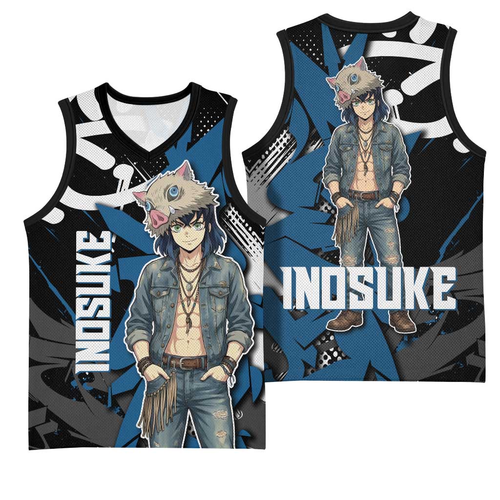 Hashibira Inosuke Demon Slayer Basketball Jersey Blue & Black Graffiti Anime
