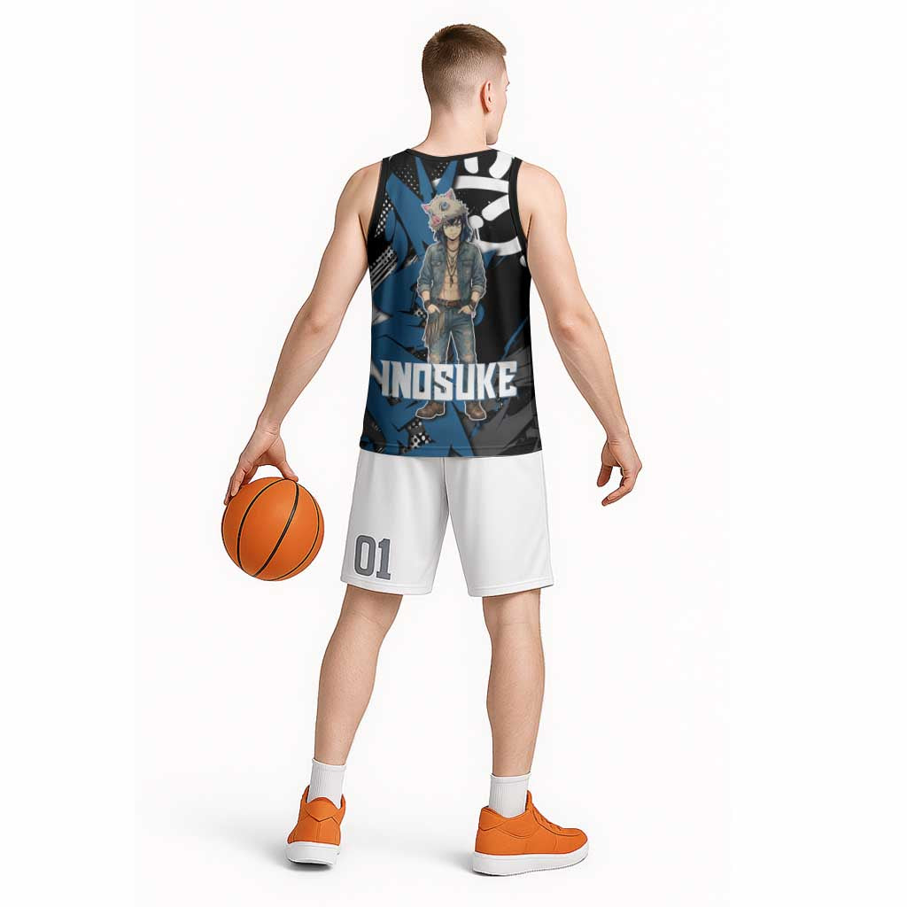 Hashibira Inosuke Demon Slayer Basketball Jersey Blue & Black Graffiti Anime