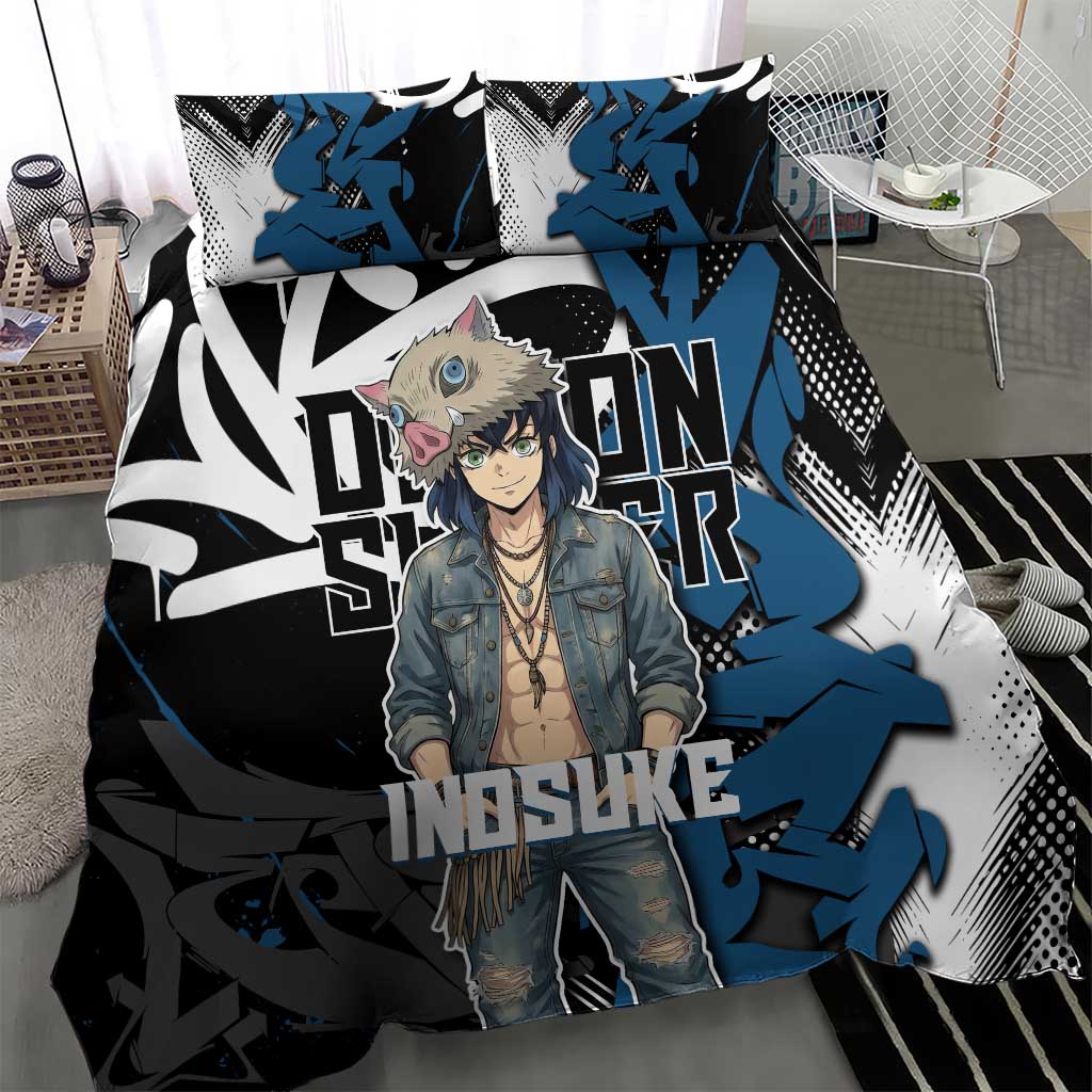 Hashibira Inosuke Demon Slayer Bedding Set Blue & Black Graffiti Anime