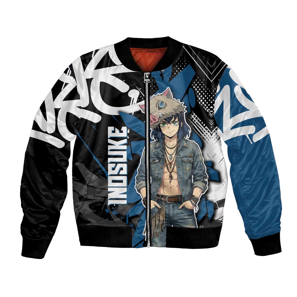 Hashibira Inosuke Demon Slayer Bomber Jacket Blue & Black Graffiti Anime