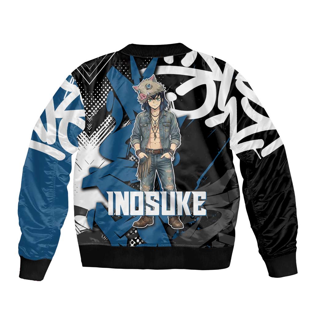 Hashibira Inosuke Demon Slayer Bomber Jacket Blue & Black Graffiti Anime
