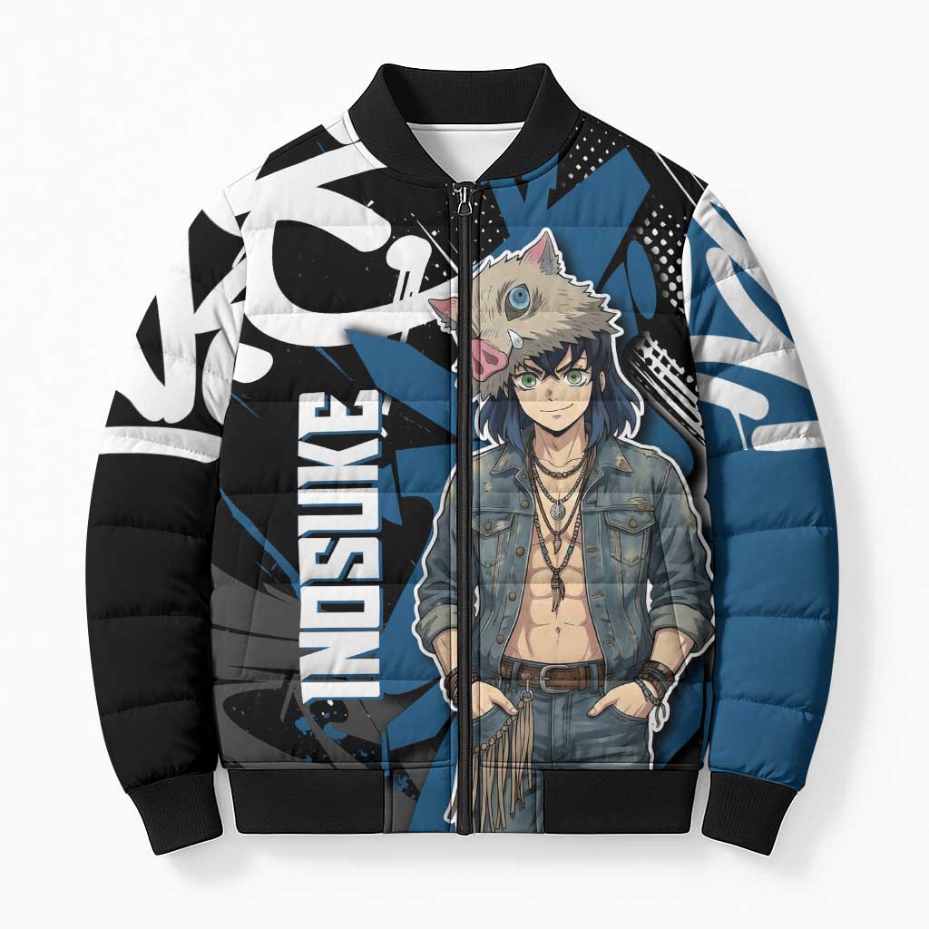 Hashibira Inosuke Demon Slayer Bomber Puffer Jacket Blue & Black Graffiti Anime