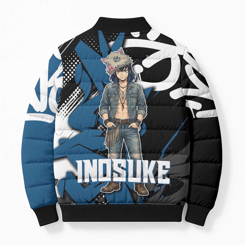 Hashibira Inosuke Demon Slayer Bomber Puffer Jacket Blue & Black Graffiti Anime
