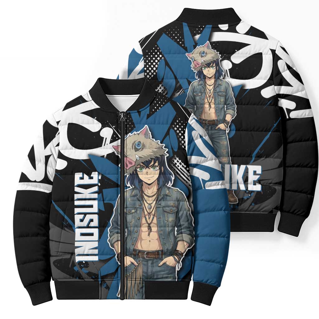 Hashibira Inosuke Demon Slayer Bomber Puffer Jacket Blue & Black Graffiti Anime