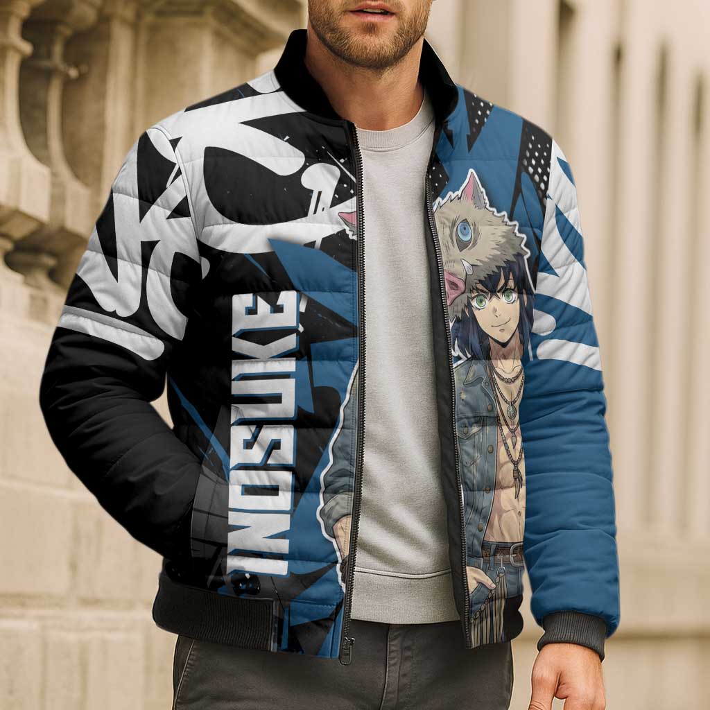 Hashibira Inosuke Demon Slayer Bomber Puffer Jacket Blue & Black Graffiti Anime