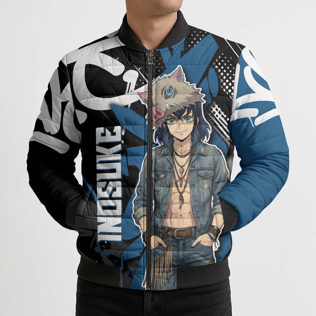 Hashibira Inosuke Demon Slayer Bomber Puffer Jacket Blue & Black Graffiti Anime
